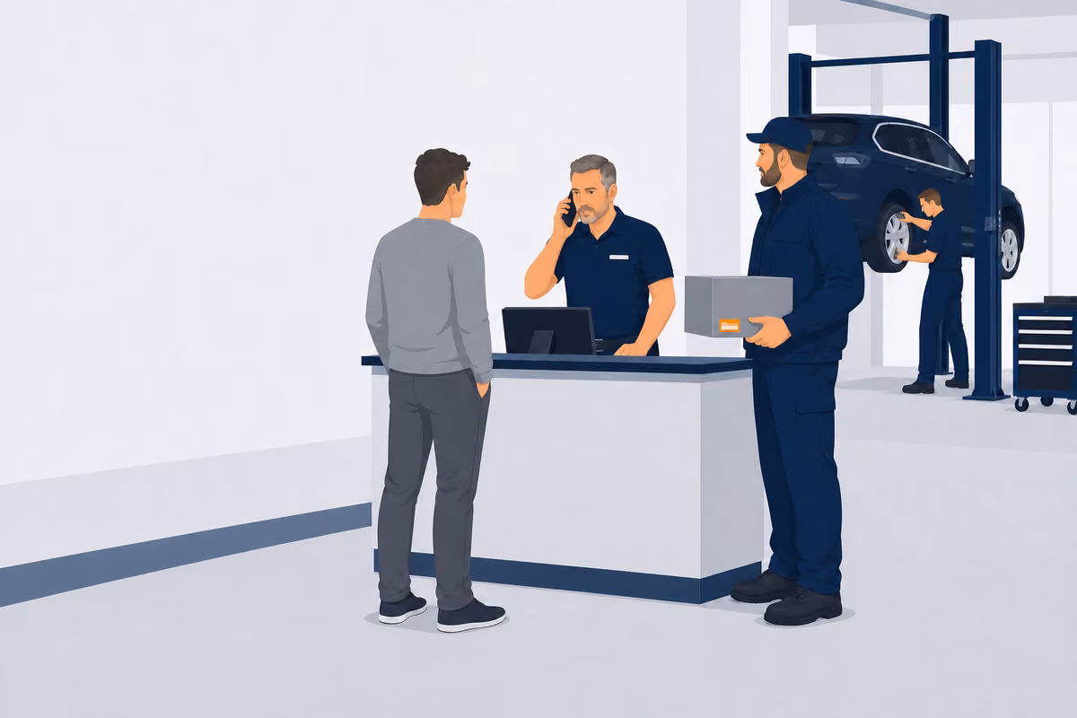 Werkstattmeister telefoniert an der Annahme, während ein Kunde und ein Teilelieferant warten