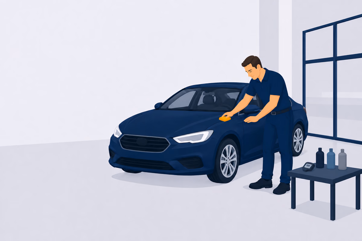 Aufbereiter trägt eine Versiegelung auf die Motorhaube auf, Zubehör steht auf einem Beistelltisch