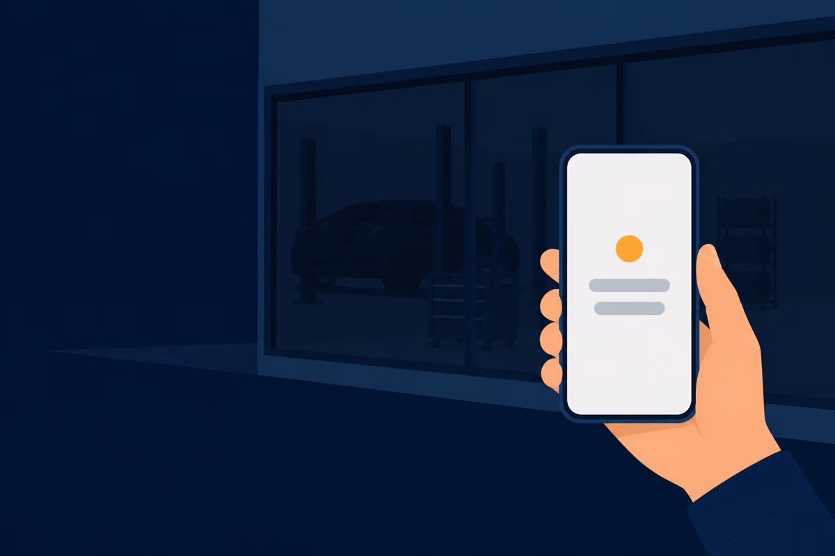 Nachts geschlossene Werkstatt, im Vordergrund ein Smartphone mit einer Störungsmeldung