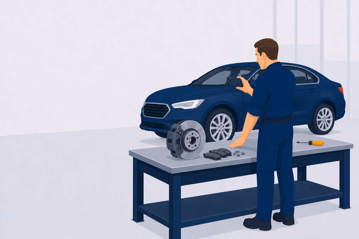 Mechaniker fotografiert mit dem Smartphone eine zerlegte Bremse auf der Werkbank