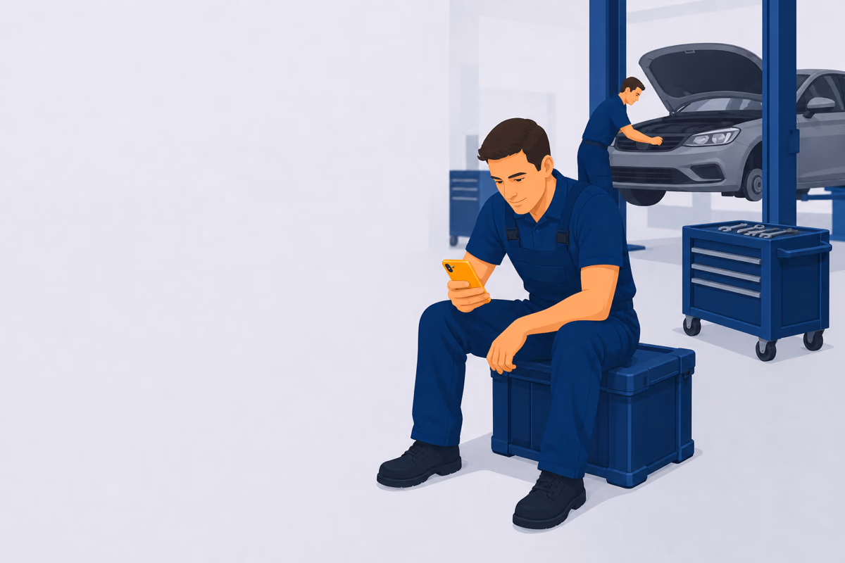 Junger Mechatroniker sitzt in der Pause auf einer Kiste und schaut auf sein Smartphone