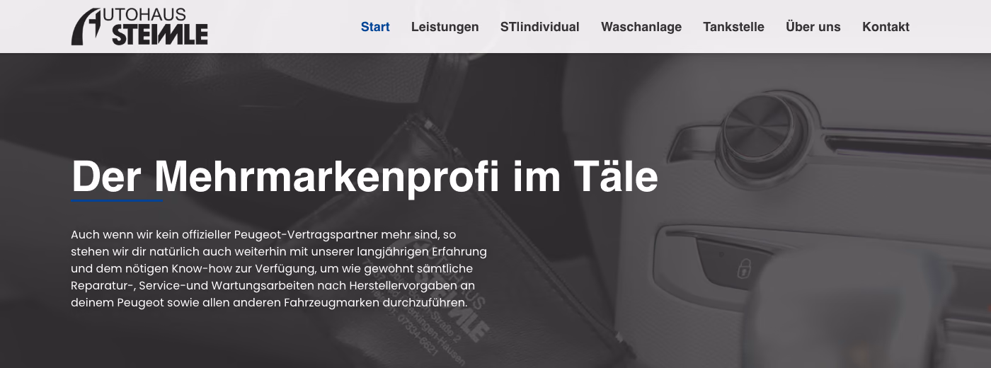Startseite der Website des Autohauses Steimle mit der Überschrift „Der Mehrmarkenprofi im Täle“